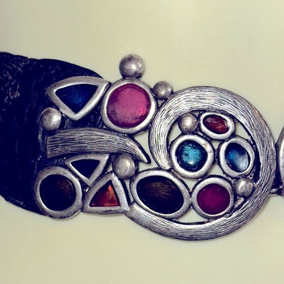 Chico’s tarnished silver multi color enamel painted black woven cord‎ belt - Picture 2 of 8